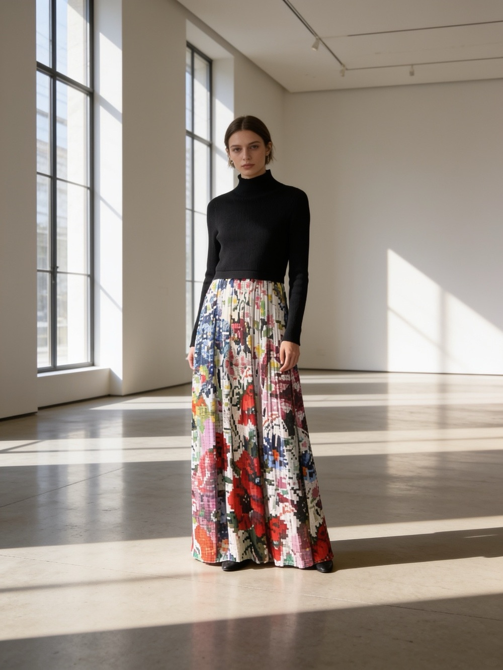 Anthropologie Black sweater Top Dress with Multicolor Floral Pleated